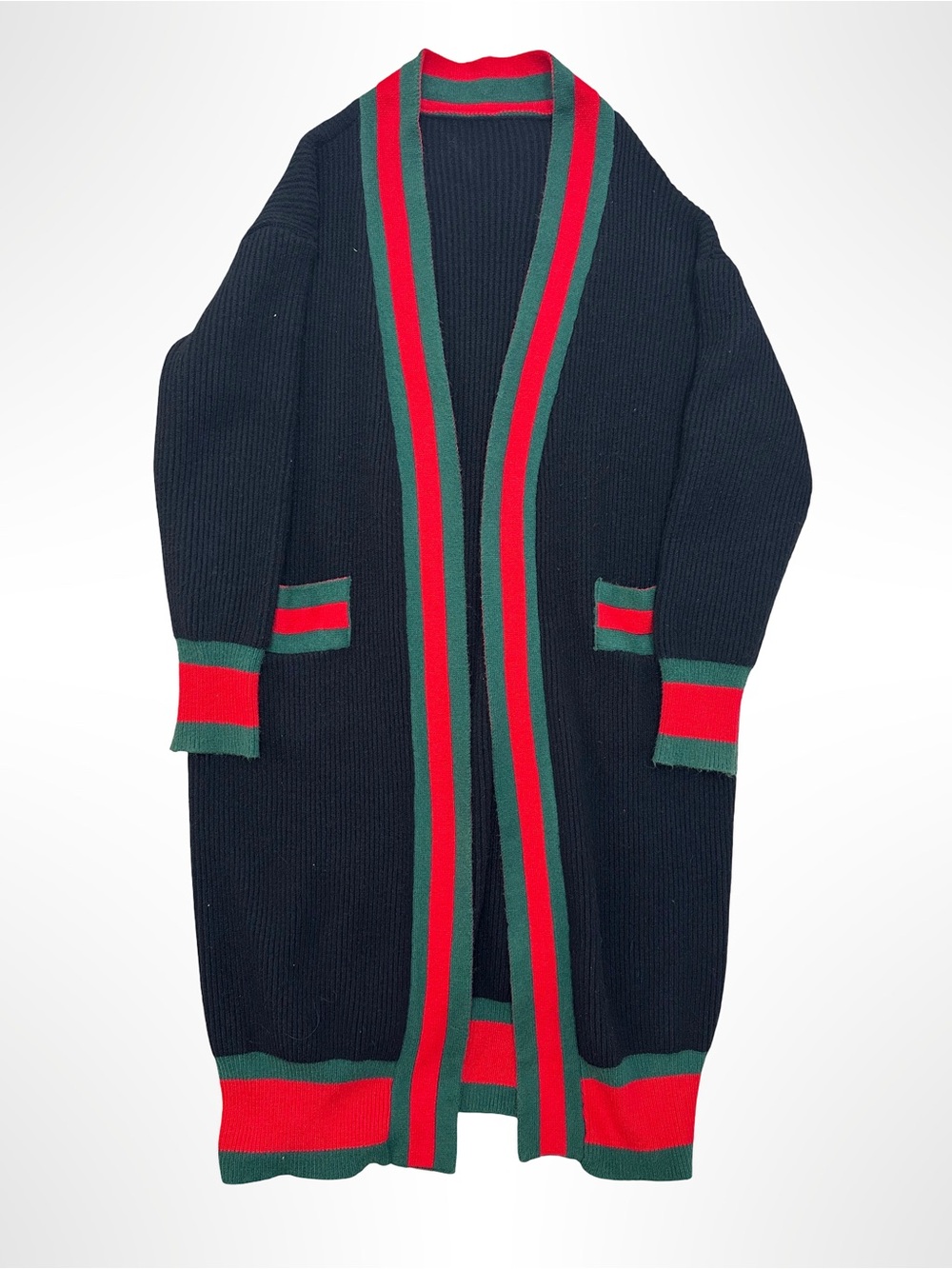 Open-Front Navy Long Cardigan Sweater with Red & Green Trim